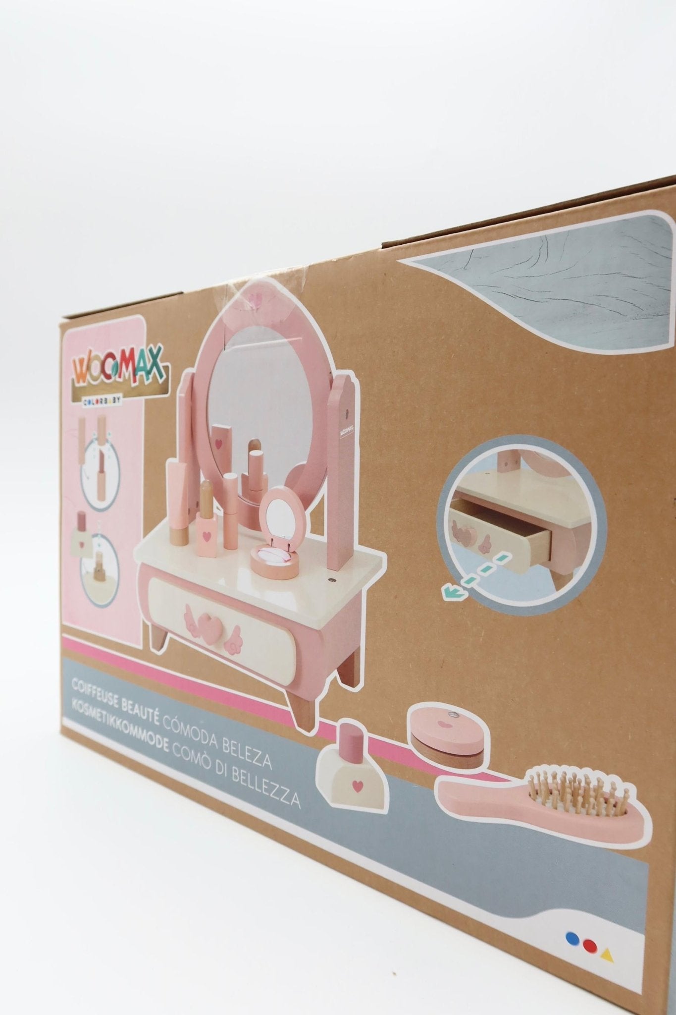 Rosa Mädchen Schminktisch, kreisförmiger Bogen geformter Spiegel, Schublade, ausgestattet mit 8 pcs Make - up Zubehör, Desktop Make - up Tisch - Haus der Retouren
