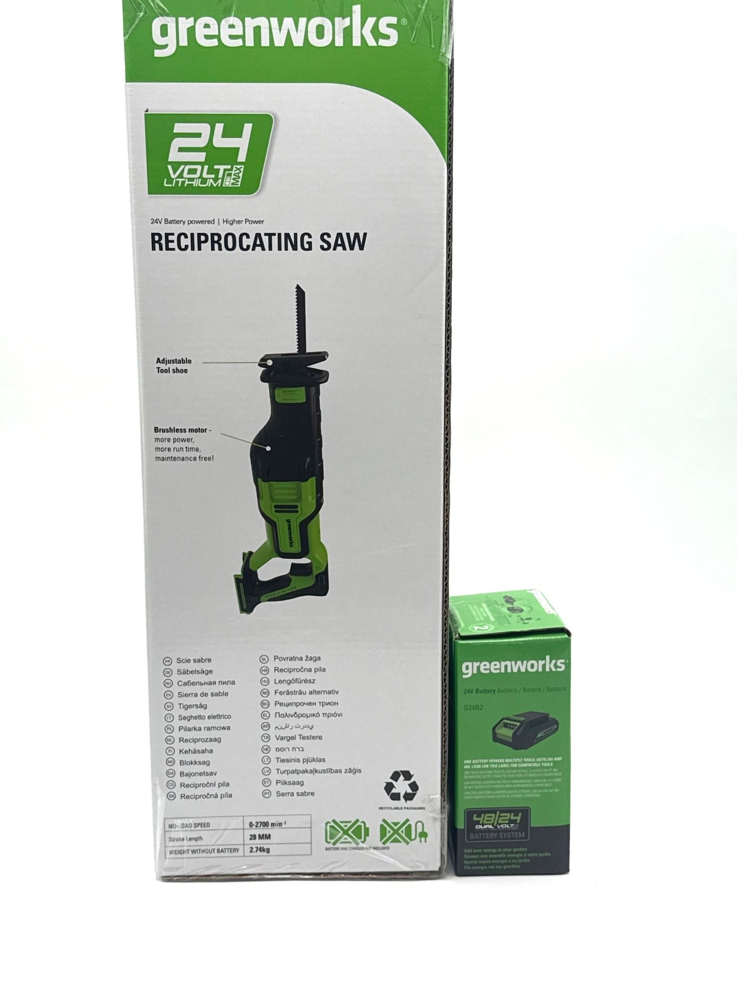 Greenworks GD24RS Akku Säbelsäge mit bürstenlosem Motor, 2700spm, 28 mm Hublänge mit AKKU