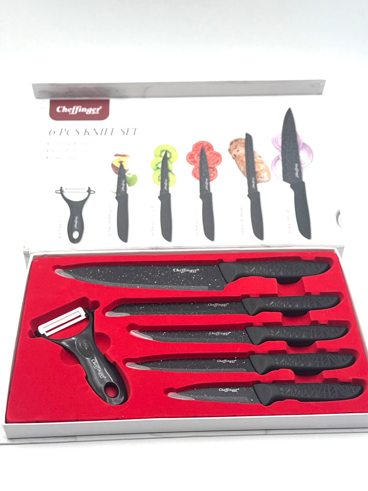 Cheffinger Messer-Set 6-teilig mit Schäler in Schwarz - kompakt, scharf & stilvoll