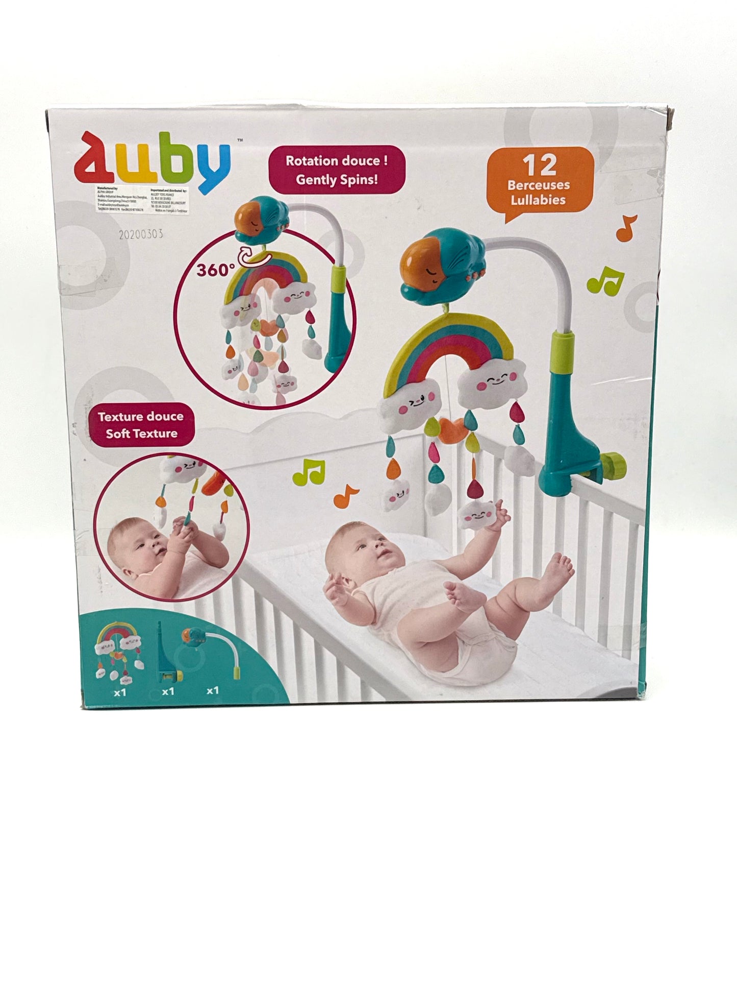 Auby Musikspielzeug, um 360 Grad drehbar. Beruhigende Musik für Babys, Geschenk ab der Geburt, zum Aufhängen von Babyspielzeug 1 2 3 4 5 6 7 8 9 10 11 12 Monate