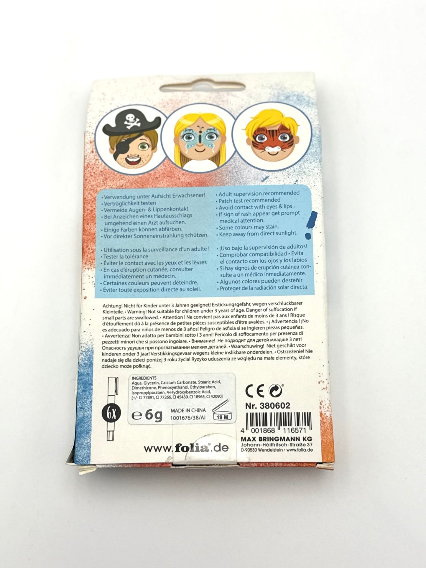 folia 380602 - Face Paint Schminkstifte Wild, 6 farbig sortierte Stifte für Kinder, dermatologisch getestet, wischfest, mit Wasser und Seife abwaschbar, ideal für Karneval, Fasching und Theater