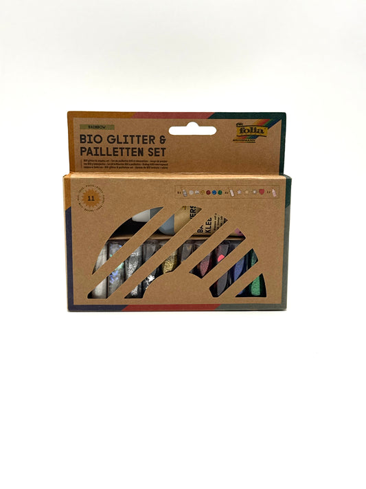 folia 5791 - Bio Glitter & Pailletten Set RAINBOW, 10 Tuben inkl. 90 g Deko-Kleber, organischer Glitzer und Pailletten in verschiedenen Formen und Farben, zum Verzieren und Dekorieren