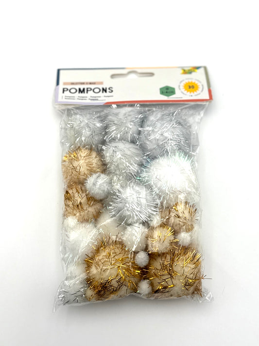 folia 50313 - Pompons "Glitter X-Mas", 30 flauschige Bällchen sortiert in verschiedenen Größen und Farben, ideal für farbenfrohe Bastelarbeiten