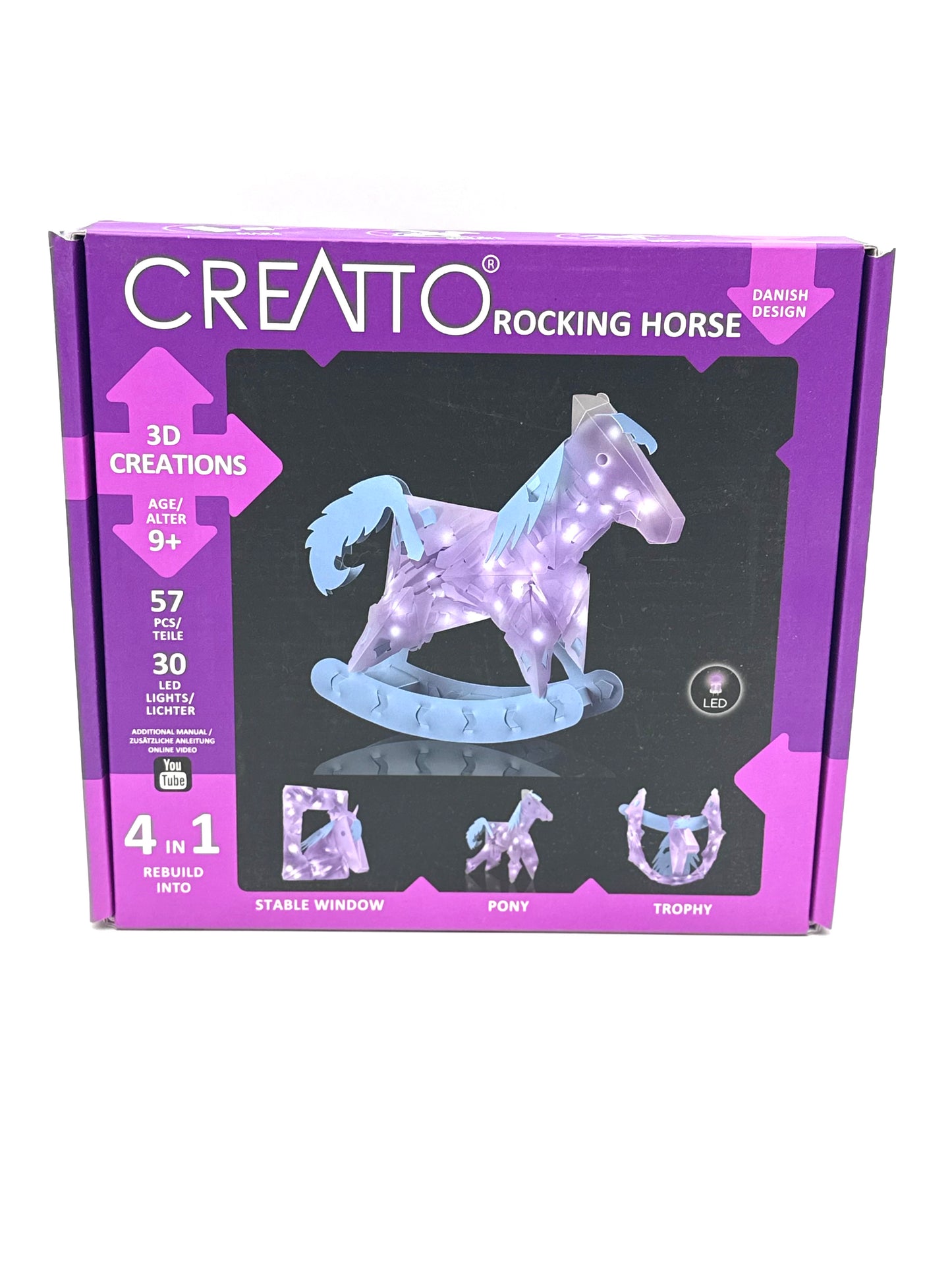 Kosmos 3669 CREATTO Schaukelpferd, 3D-Leuchtfiguren entwerfen, 3D-Puzzle-Set für Schaukelpferd, Pony, Pokal, Stallfenster, 57 Steckteile, 30-TLG LED-Lichterkette