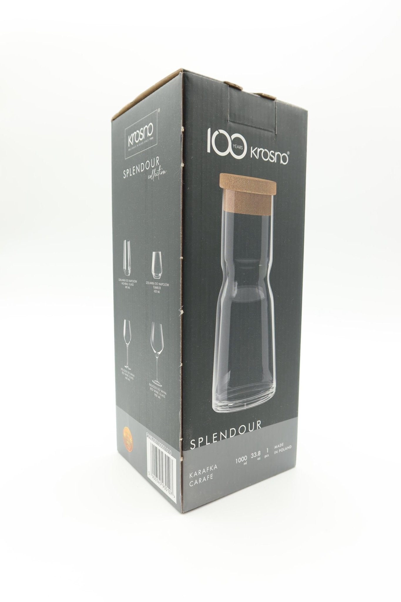 Krosno - Wasserkaraffe mit Kork Deckel aus Glas 1000 ml Pure Kollektion - Haus der Retouren